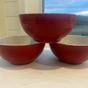 Set Of 3 CorningWare Etch Red Ribbed Round Bowl Stoneware